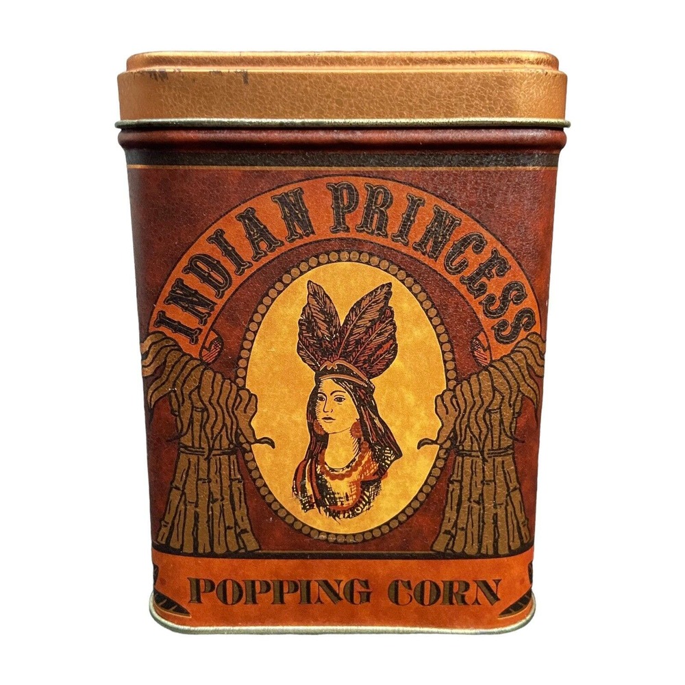 VTG Tin INDIAN PRINCESS Popping Corn Empty Can Scotts Co Sun Collectible 20 OZ